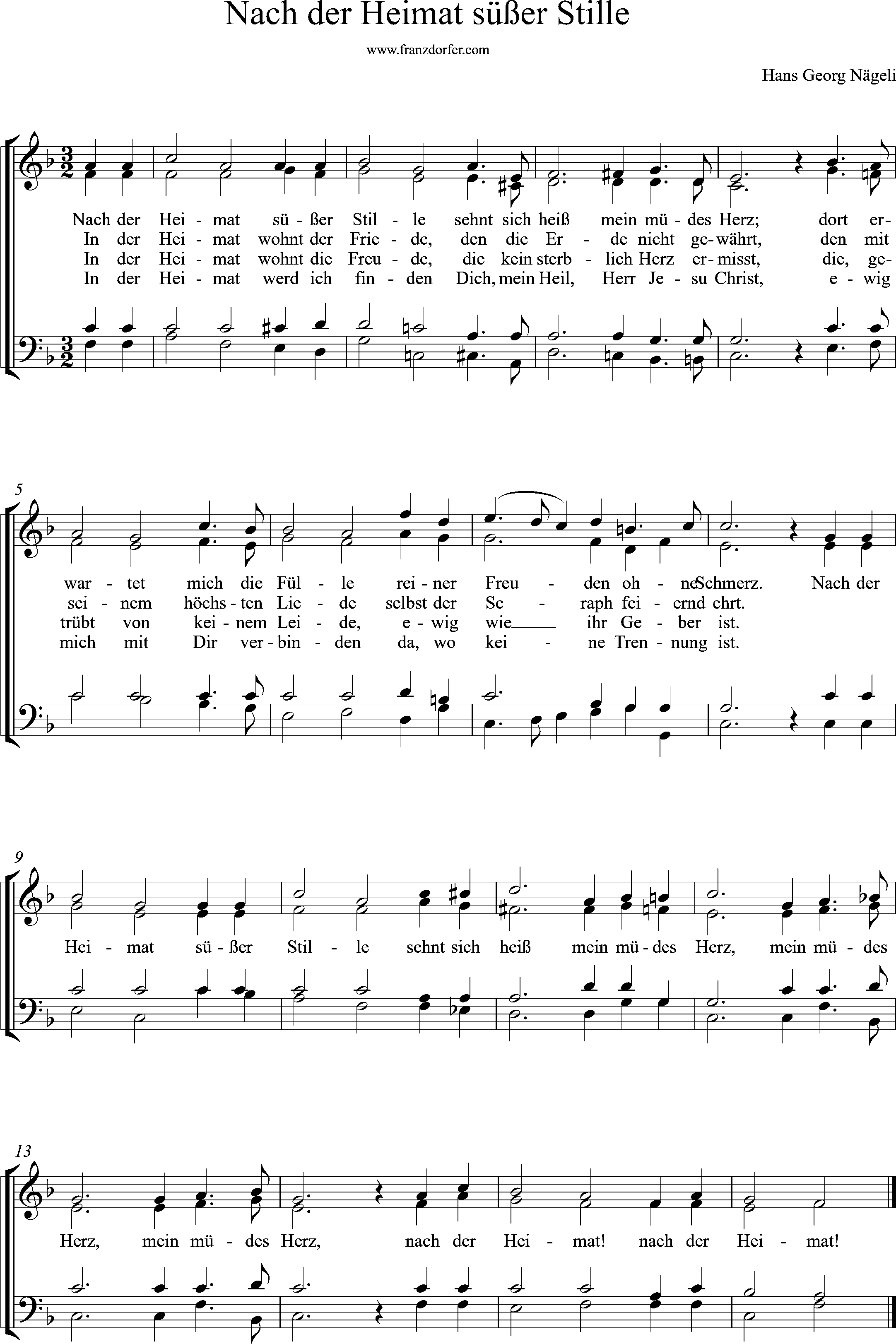 Chor, Orgelnoten, F-Dur, Nach der Heimat süßer Stille